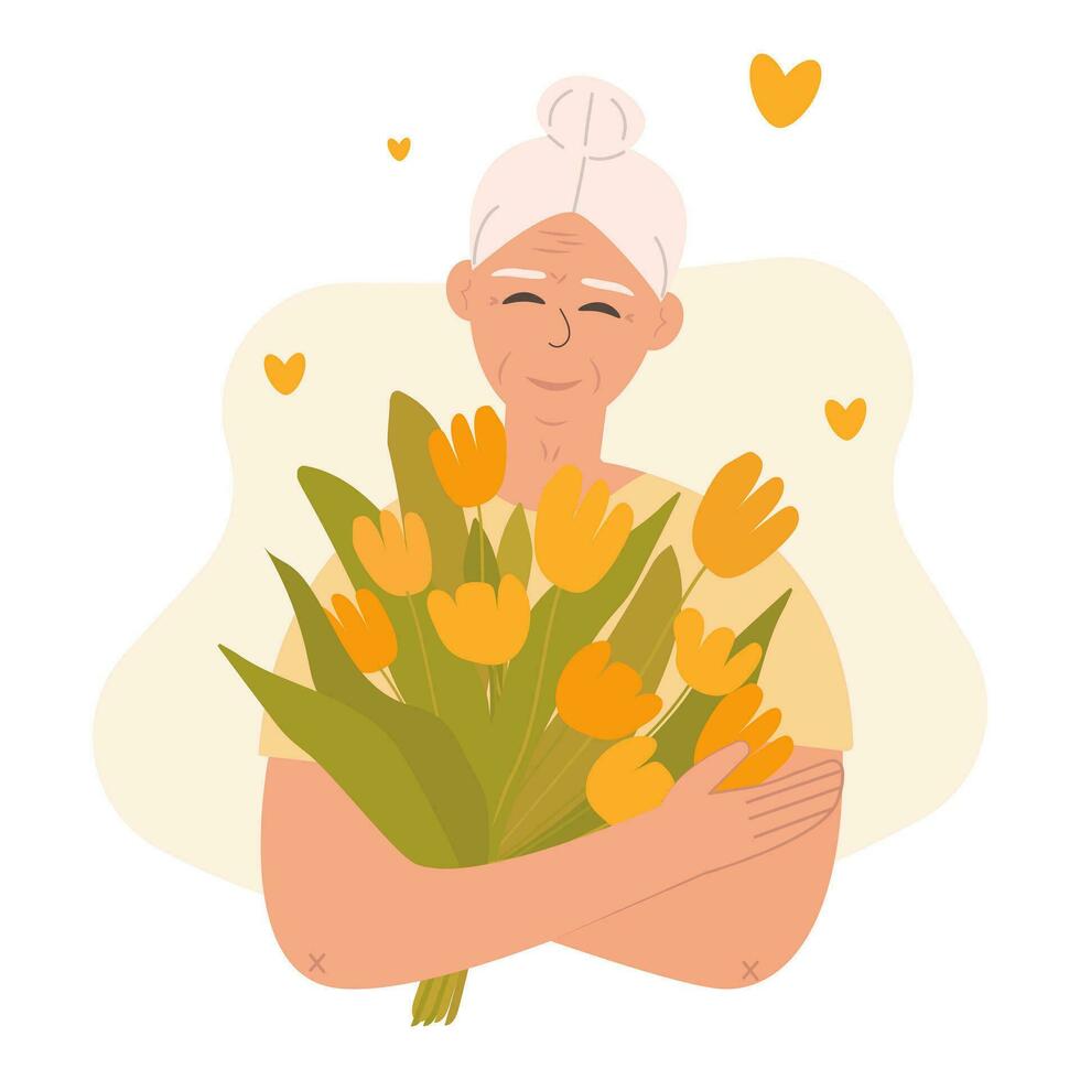 Sweet grandmother with a bouquet of flowers. Tulips in her hands. Character March 8 vector