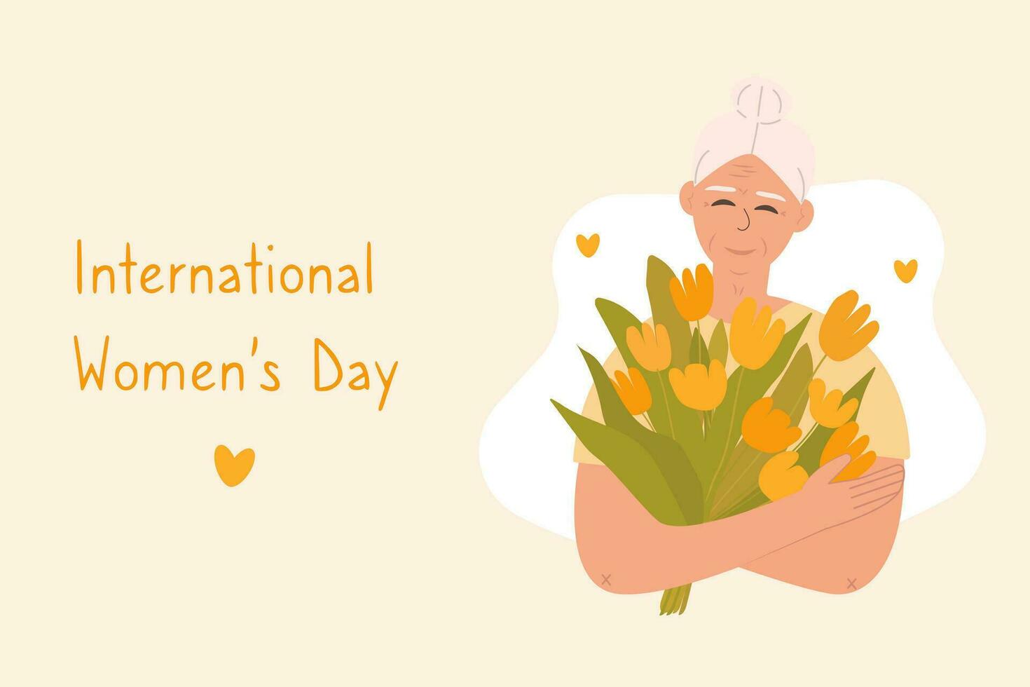 marzo 8, internacional De las mujeres día. linda abuela con un ramo de flores de flores tulipanes en su manos. con muestra texto y colores. vector ilustración