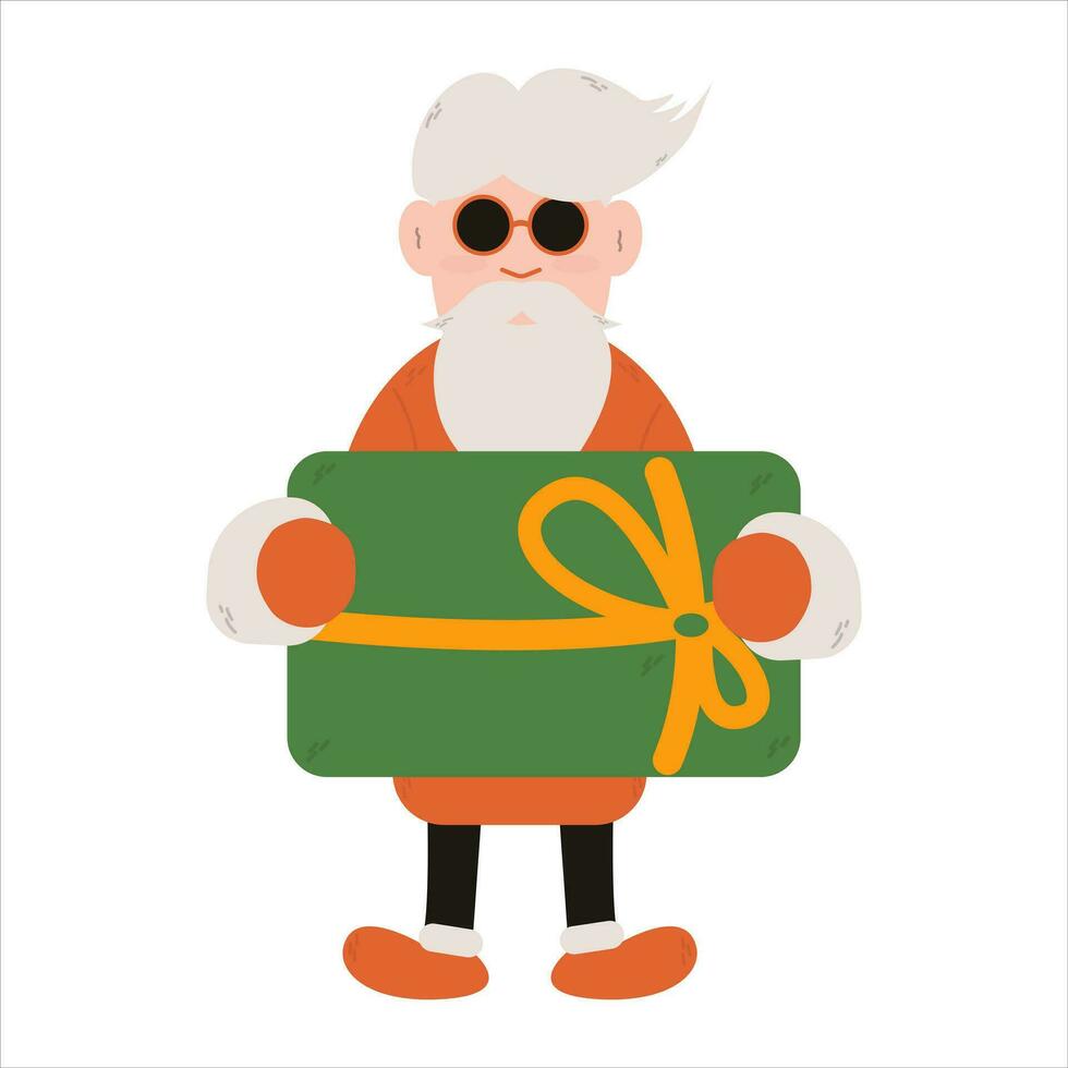 Cute Santa Claus in glasses holds a gift. Funny Christmas character.Holiday concept. vector