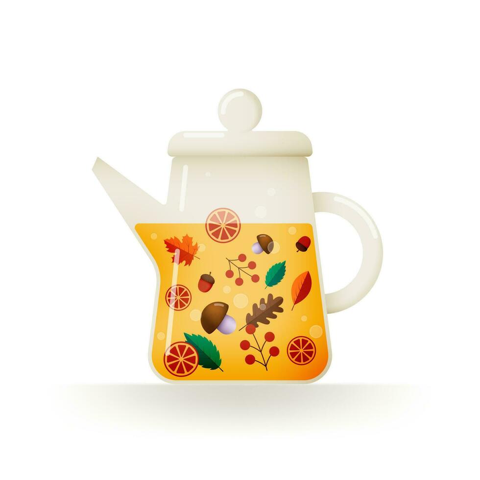 Autumn drink in a beautiful decanter with mushrooms, leaves and berries. vector
