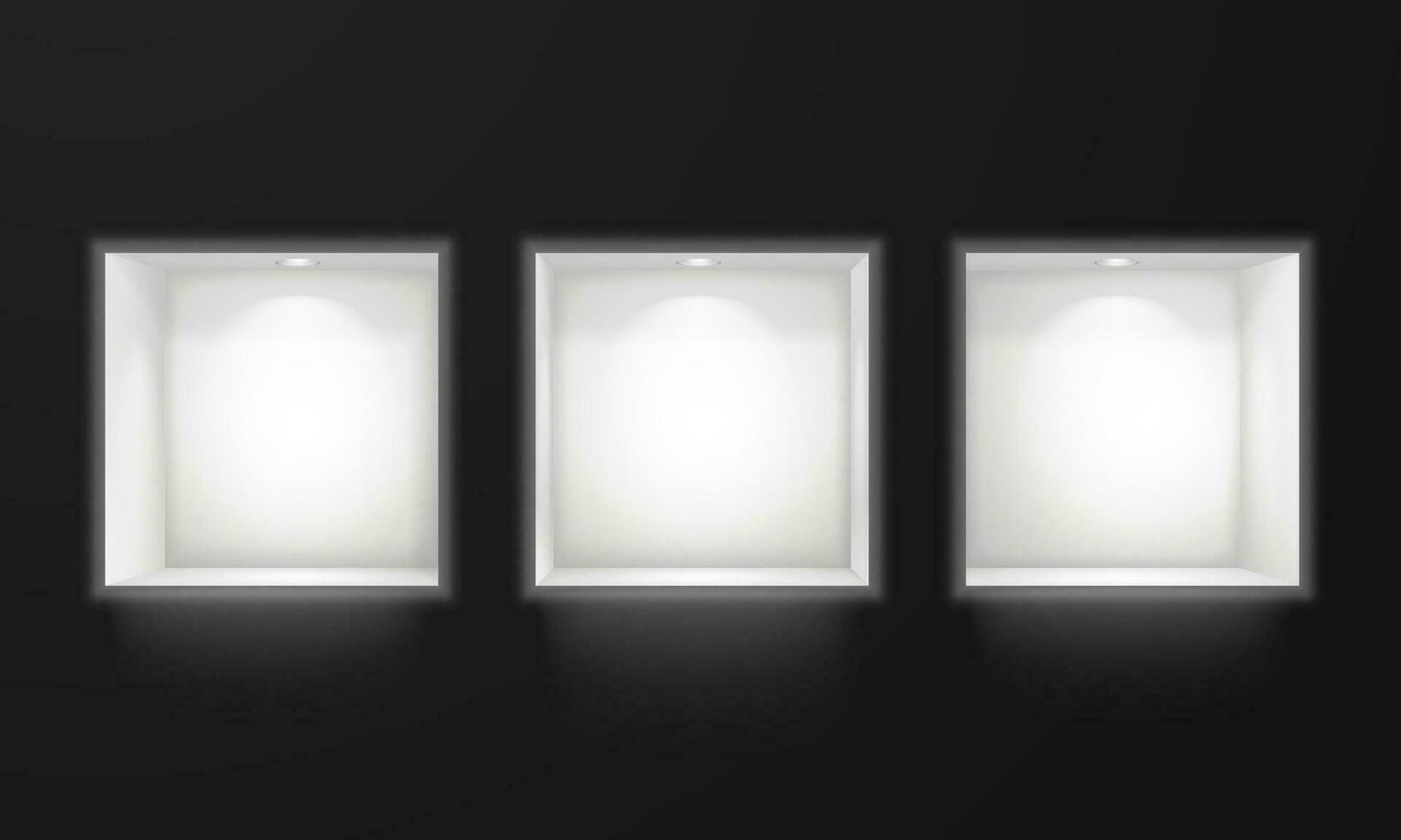 Niches in the wall with lighting on a dark background. Vector illustration.