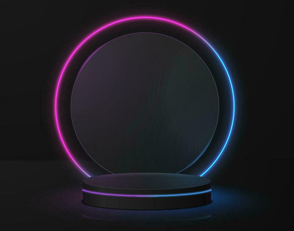 Vector round podium on a glass background with neon on a dark background.