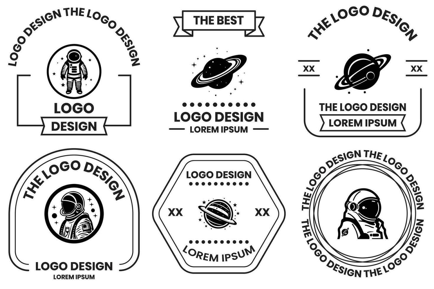 astronauta y planeta logo en plano línea Arte estilo vector