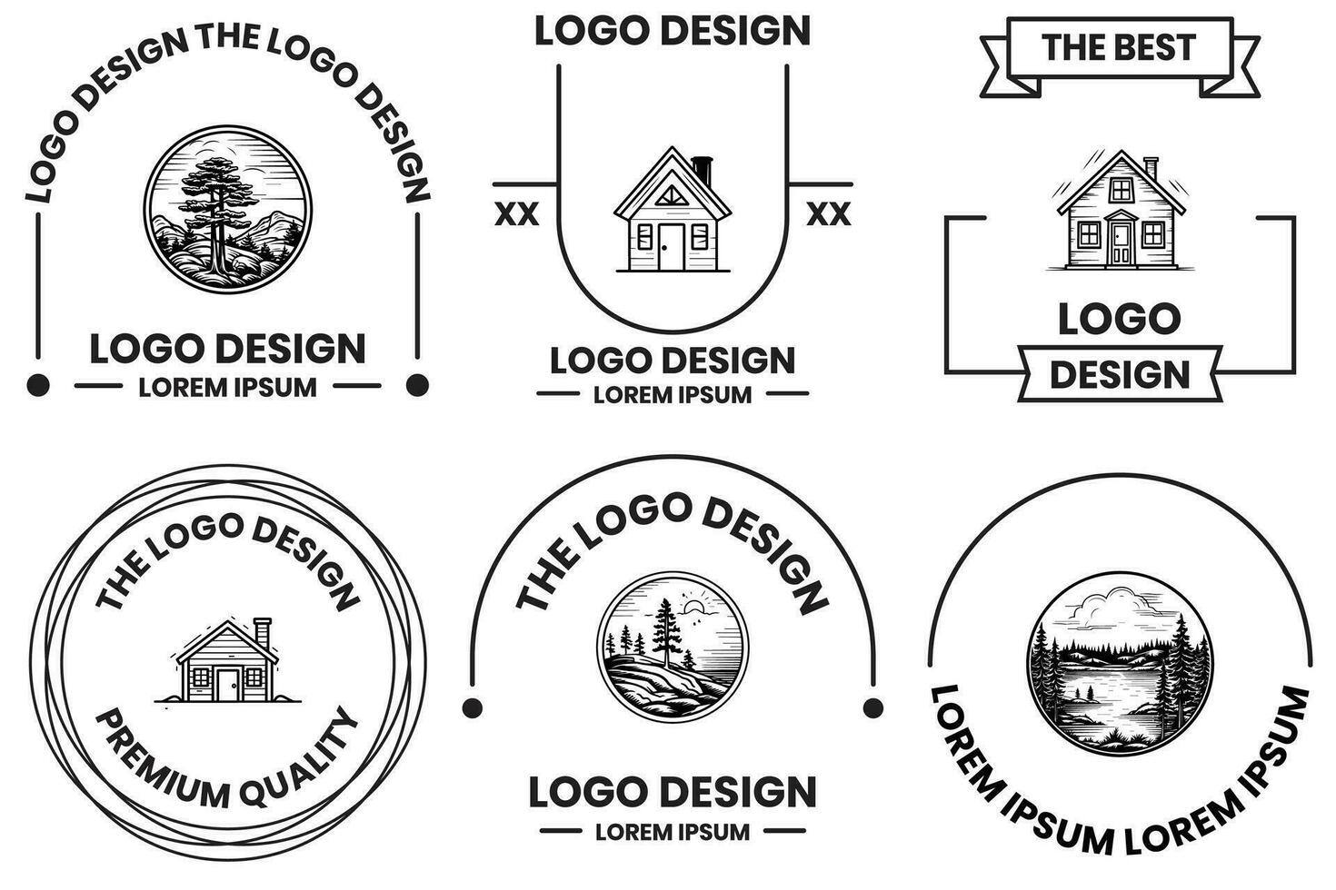Cottage or building at lake logo in flat line art style vector