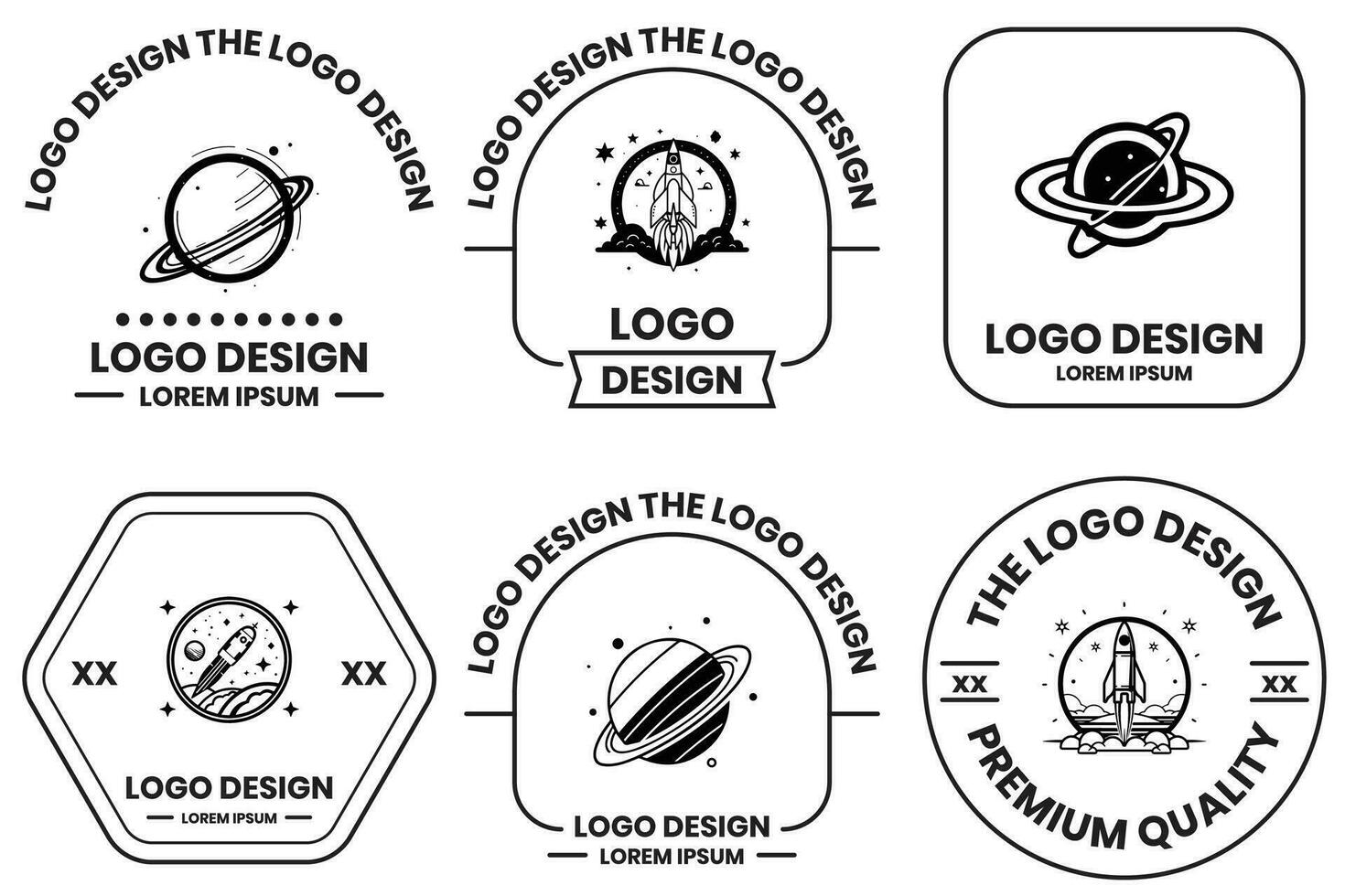 astronauta y planeta logo en plano línea Arte estilo vector