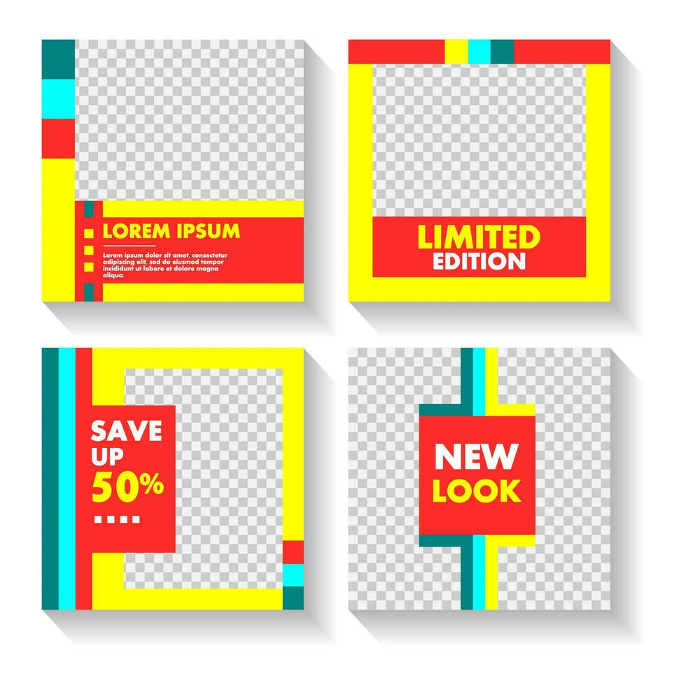 Simple creative colorful social media post template. Blue, red, and yellow. Minimalistic concept for a baby store, book, fashion, food, and cake.  Social Media feed. Discount promo template vector