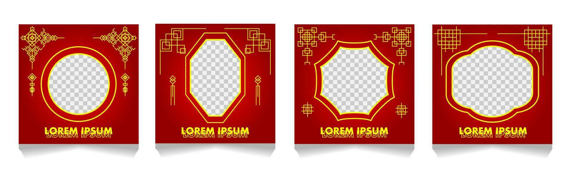 Social media template for Chinese new year. Design with a Chinese pattern and Asian elements. Design for show product display to celebrate Chinese new year. Social Media feed. Discount promo. vector