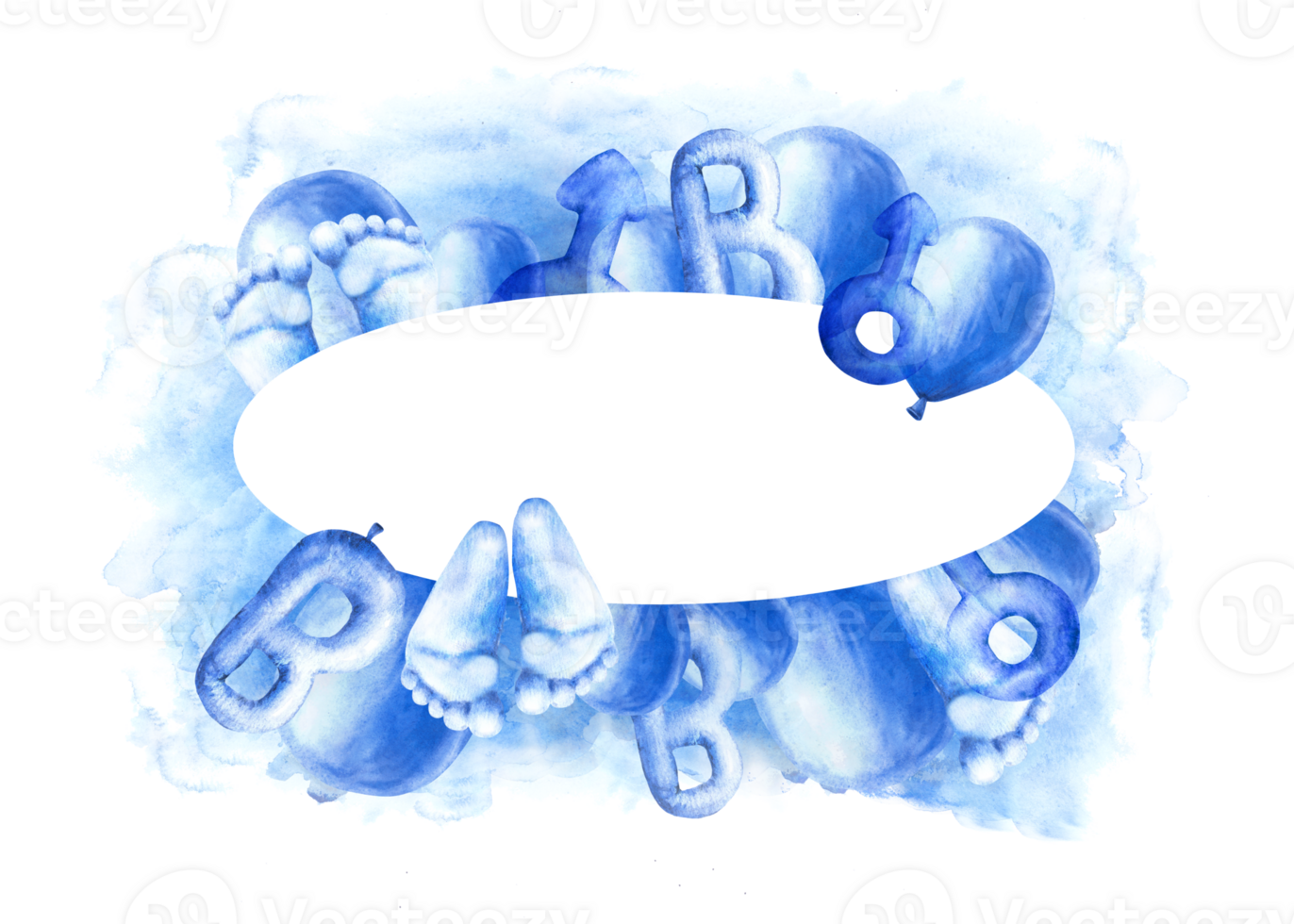 Newborn, gender reveal, birthday party It is a Boy baby circle frame Air ballon with blue splashes letter B, footprint, male Mars sign. Watercolor hand drawn illustrations png
