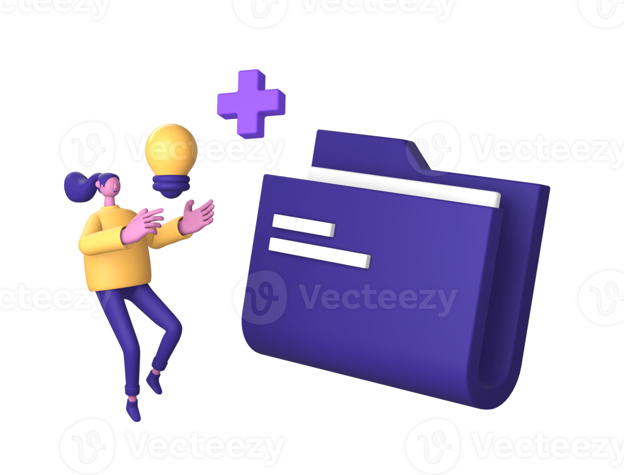 3d purple illustration icon of character with folder and light bulb for UI UX social media ads design png