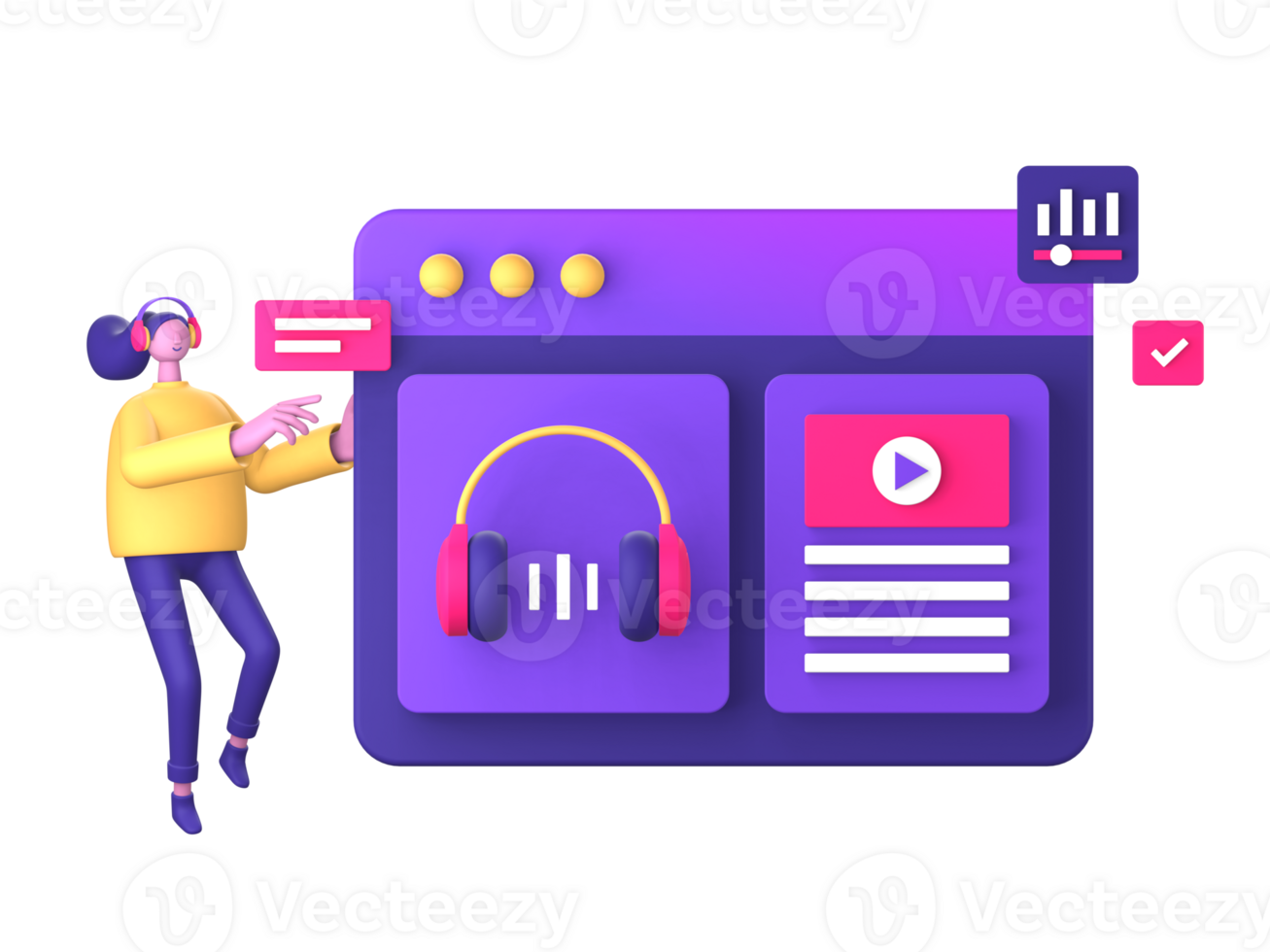 Purper illustratie icoon van streaming muziek- en video met 3d karakter voor ui ux sociaal media advertenties ontwerp png