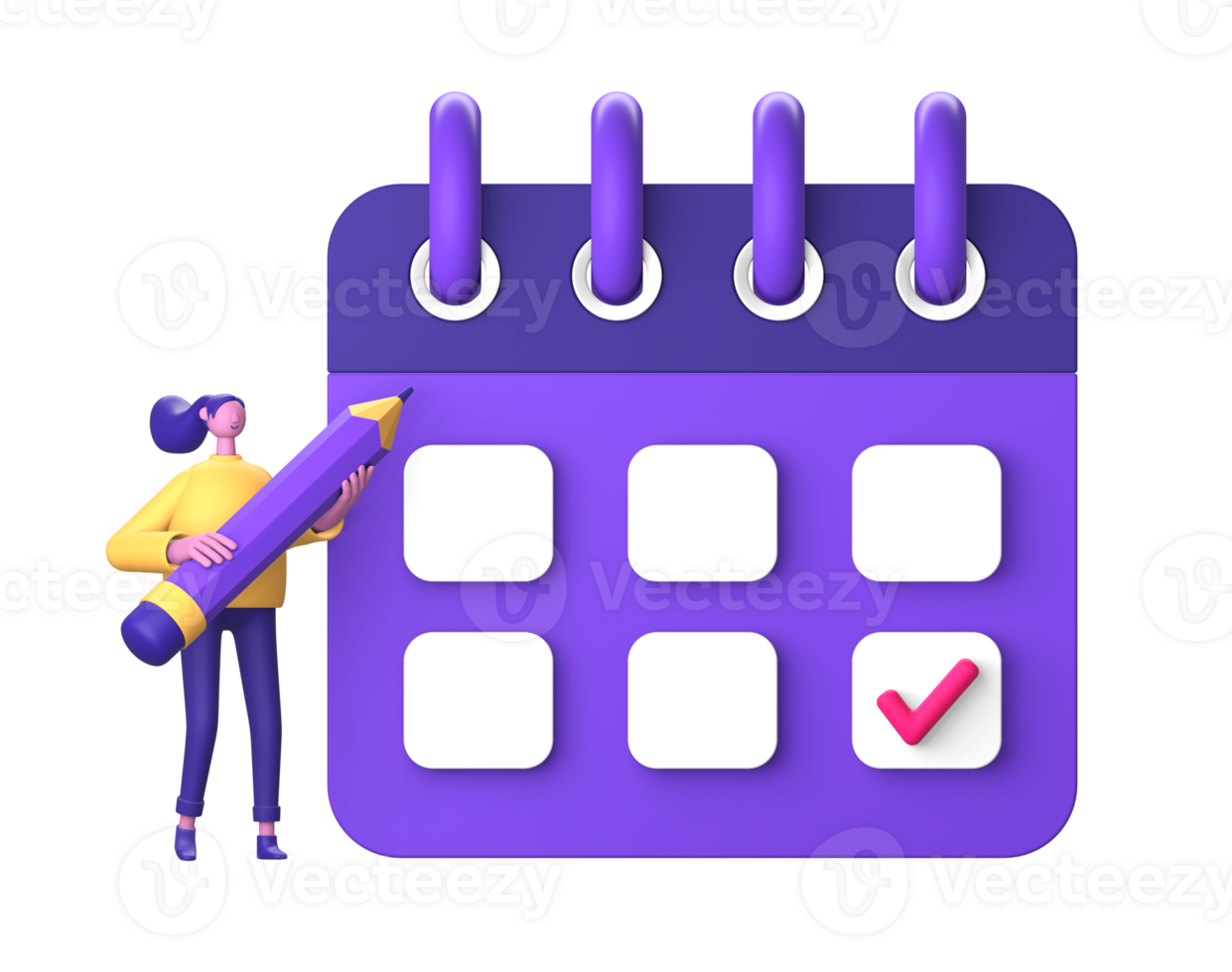 purple illustration icon of 3D character holding pencil with calendar date time for UI UX design png