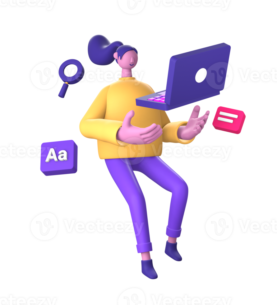 purple illustration icon of 3D character using a laptop to work for UI UX social media ads design png