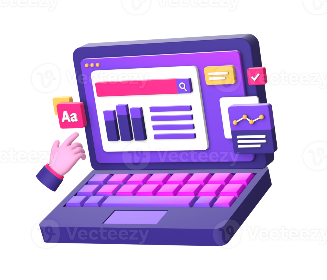 3d purple illustration icon of working on laptop with hand gesture for UI UX social media ads design png