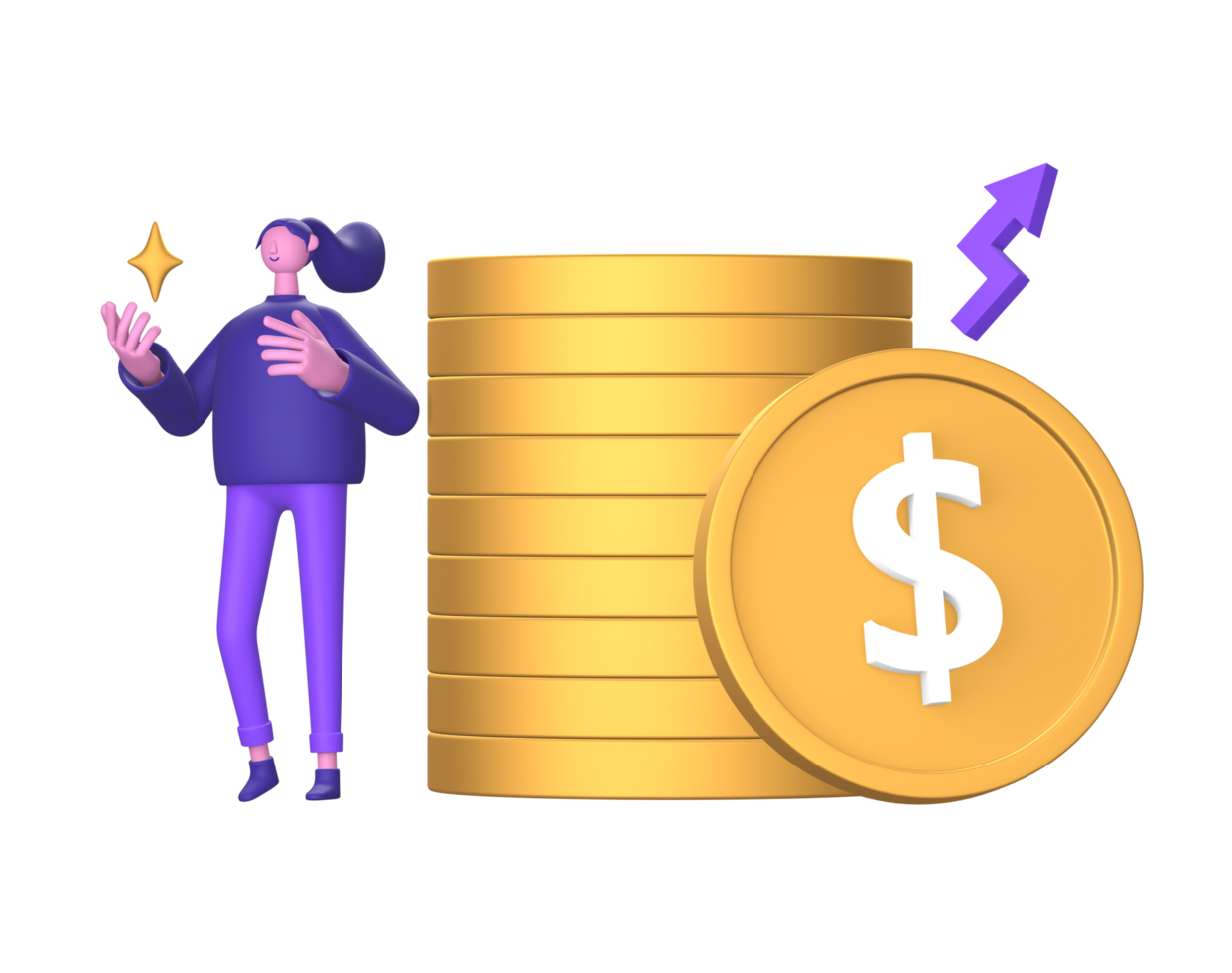 purple illustration icon of 3D Character with financial money growth and business for UI UX social media ads design png