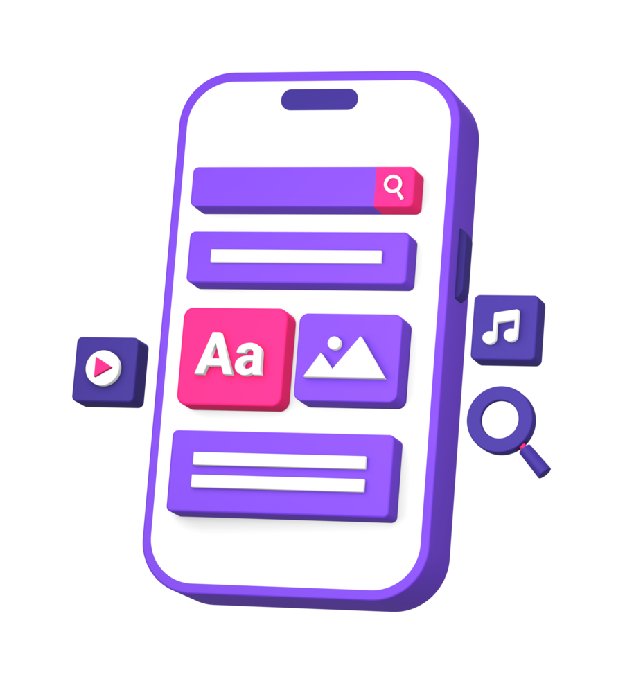 3d purple illustration icon of using smartphone for multimedia music video and social media content creator side png