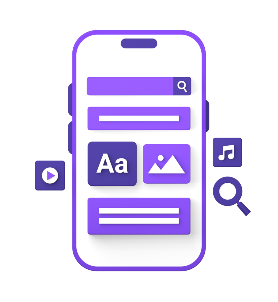 3d roxa ilustração ícone do usando Smartphone para multimídia música vídeo e social meios de comunicação conteúdo O Criador png