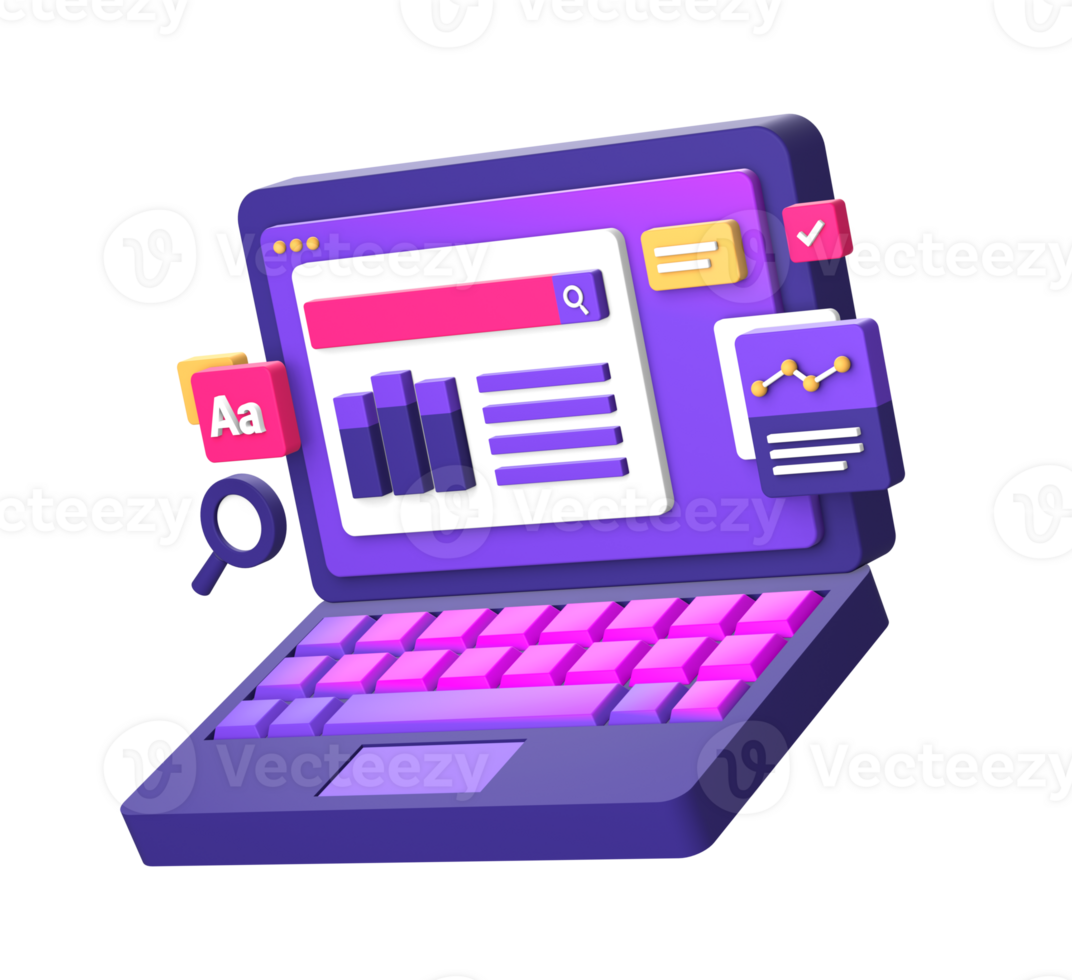 3d purple illustration icon of working on laptop side for UI UX social media ads design png