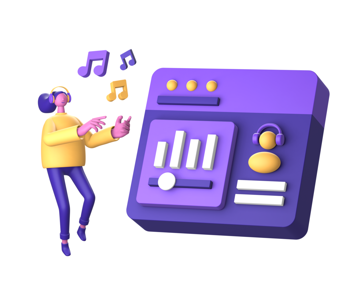 purple illustration icon of streaming and listening to music with 3D character and 3 music notes for UI UX design png