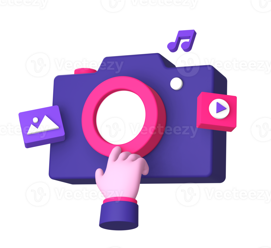 3d purple illustration icon of hand gesture with camera image video and music note for UI UX social media ads design png