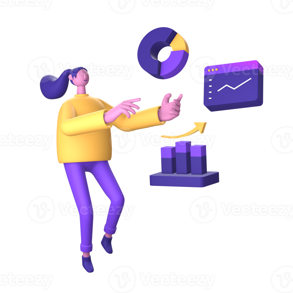 purple illustration icon of 3D character Infographic statistics with bar chart and pie chart for UI UX design png