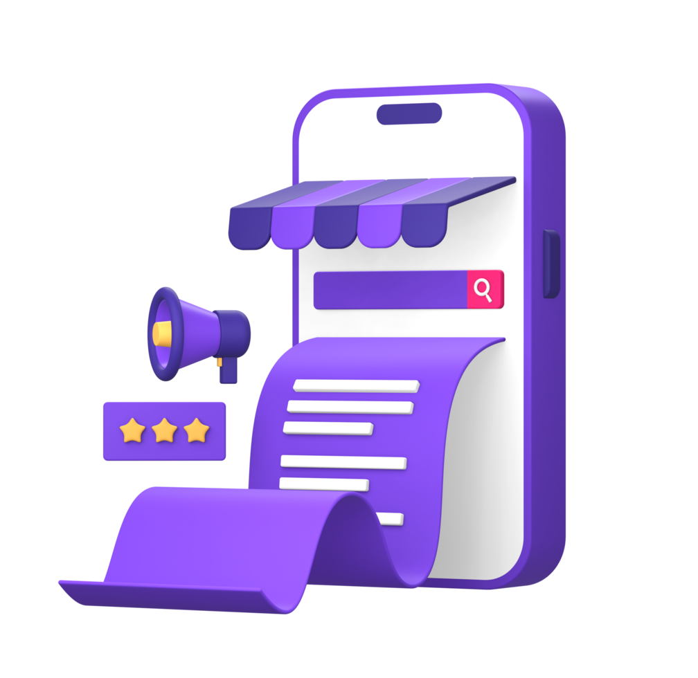 3d purple illustration icon of smartphone for online shopping store bill with loudspeaker and review stars png