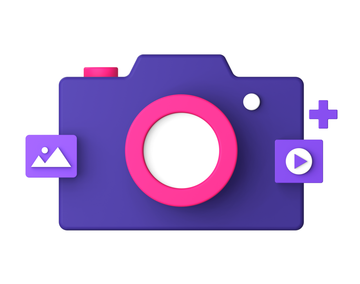 3d purple illustration icon of camera with video and image for UI UX social media ads design png