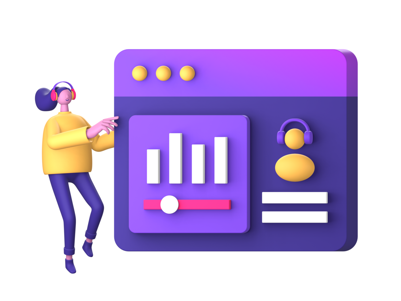 purple illustration icon of streaming and listening to music with 3D character for UI UX social media ads design png