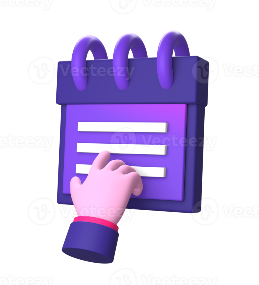 3d purple illustration icon of hand gesture with reminder note for UI UX social media ads design png