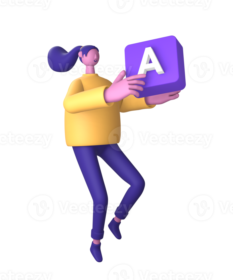 3d purple illustration icon of character holding alphabet letter for UI UX social media ads design png