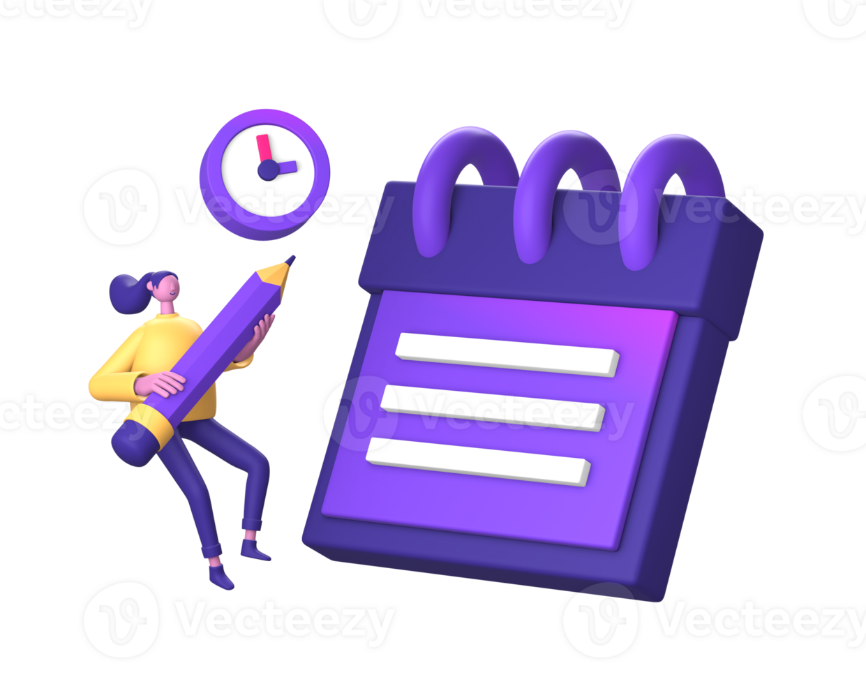 3d purple illustration icon of character holding pencil with reminder note and time for UI UX social media ads design png