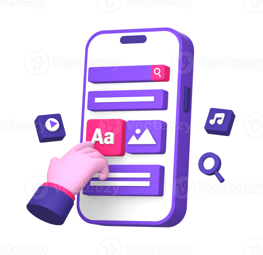 3d purple illustration icon of using smartphone for multimedia music video and content creator with hand gesture png