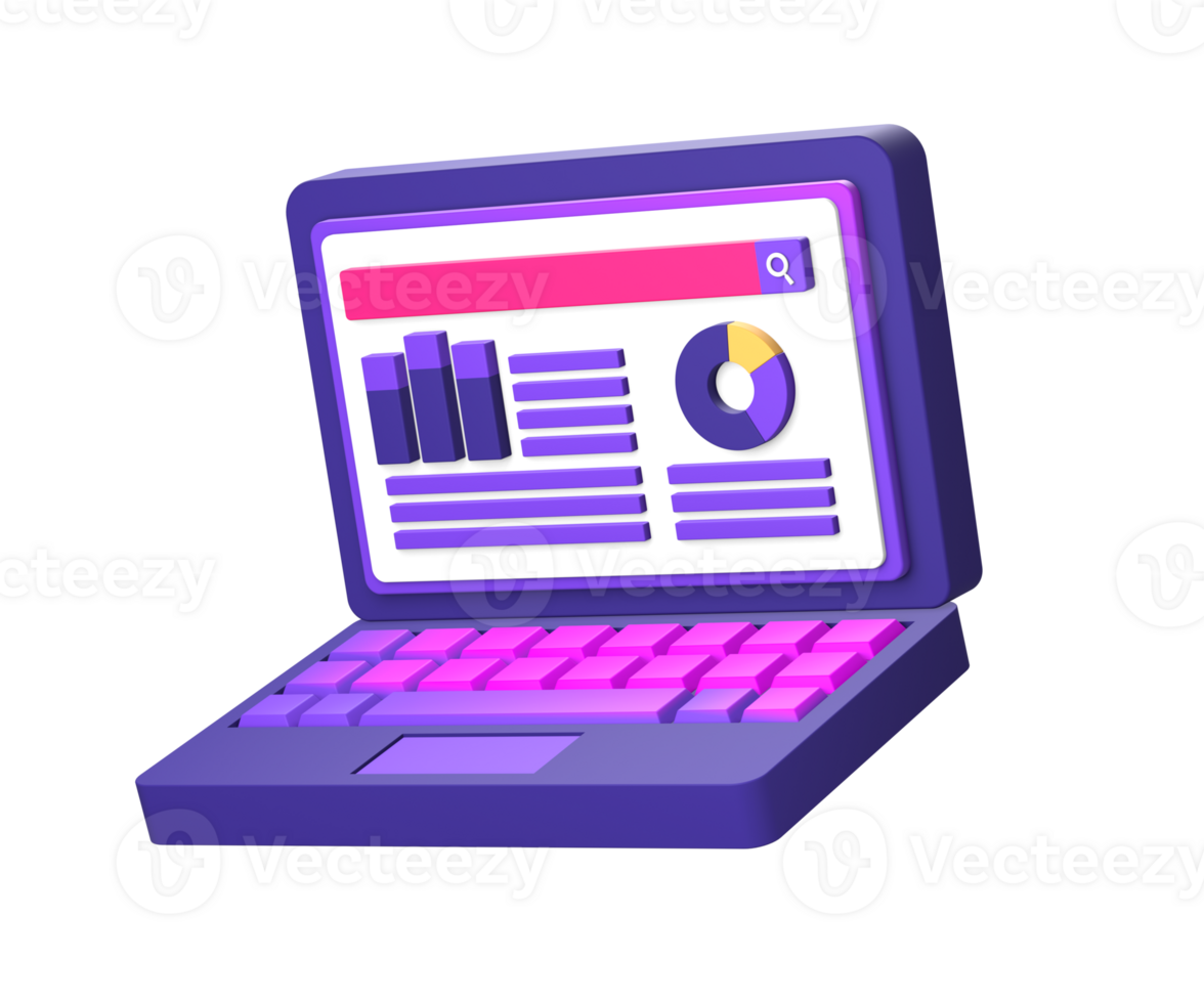 3d purple illustration icon of simple laptop with infographic chart and graph side for UI UX social media ads design png