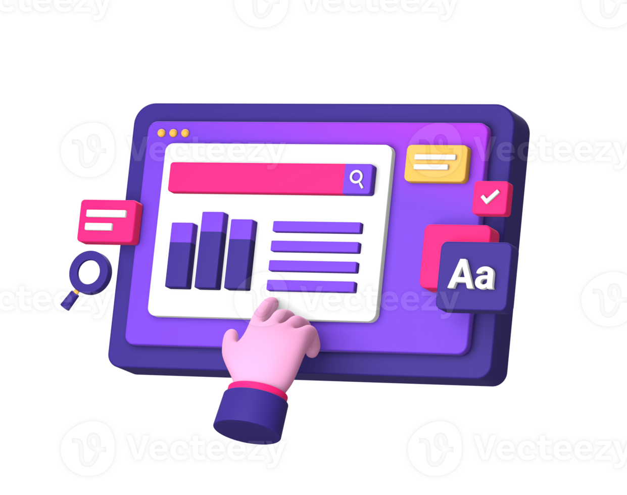 3d purple illustration icon of working on a business job with hand gesture side for UI UX social media ads design png