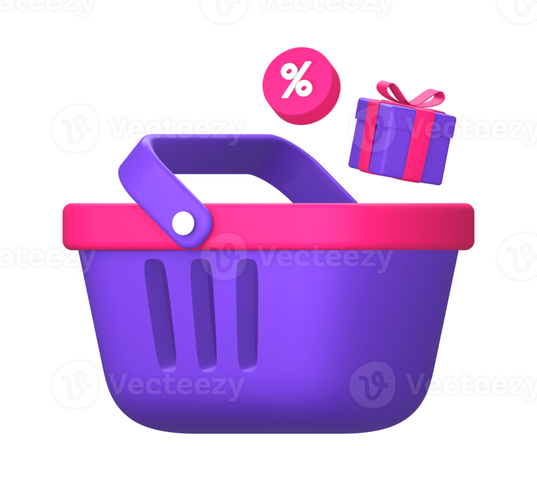 3d purple illustration icon of shopping basket with discount percentage promo and a gift  for UI UX social media ads design png