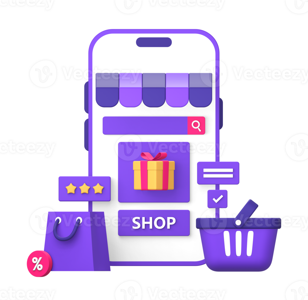 3d purple illustration icon of shopping basket or bag in online marketplace using smartphone with a gift and review stars png