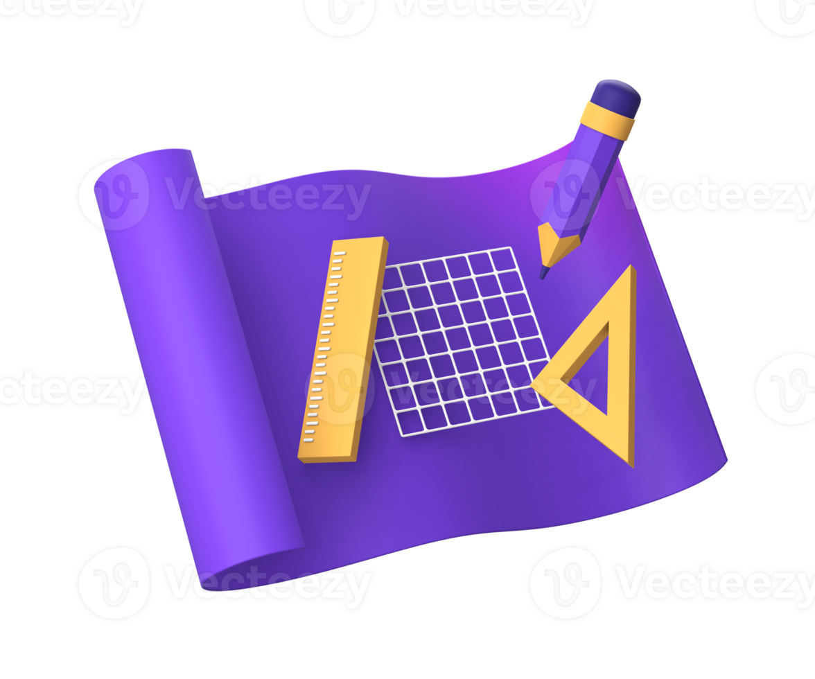 3d purple illustration icon of creative design and planning with paper scroll for UI UX social media ads design png