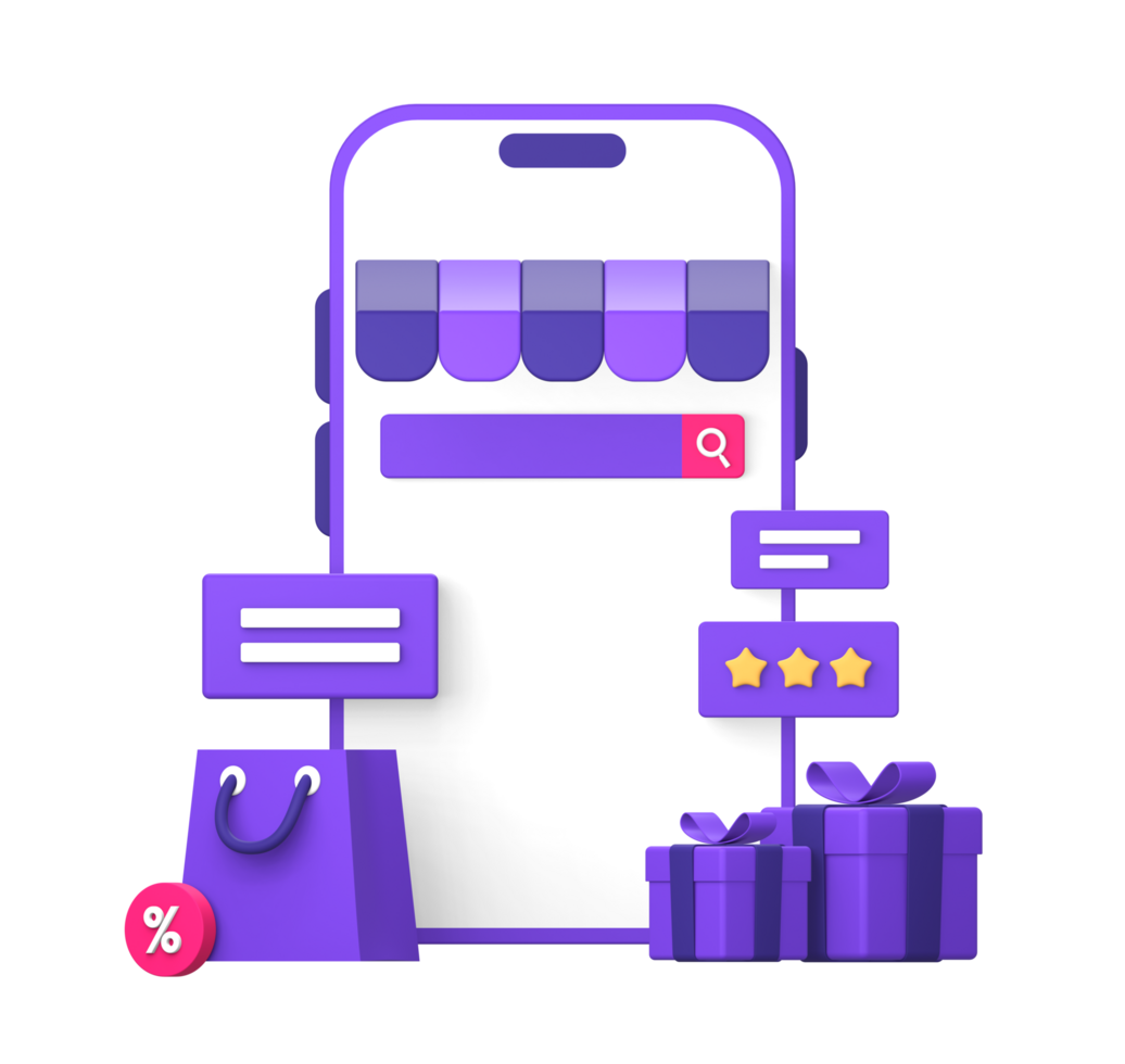 3d purple illustration icon of using smartphone in online marketplace for shopping with gifts and review stars png