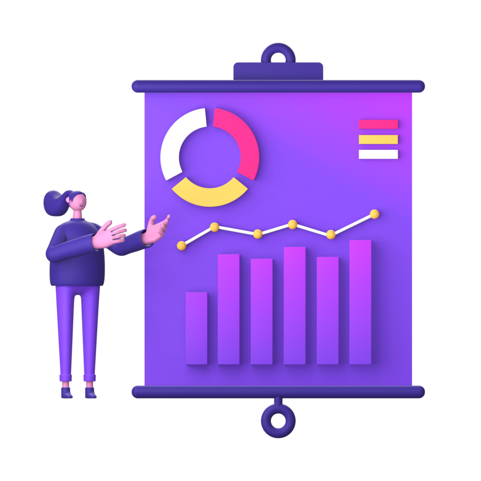 lila Illustration Symbol von 3d Charakter mit Geschäft Infografik Statistiken Wachstum Präsentation zum ui ux Sozial Medien Design png