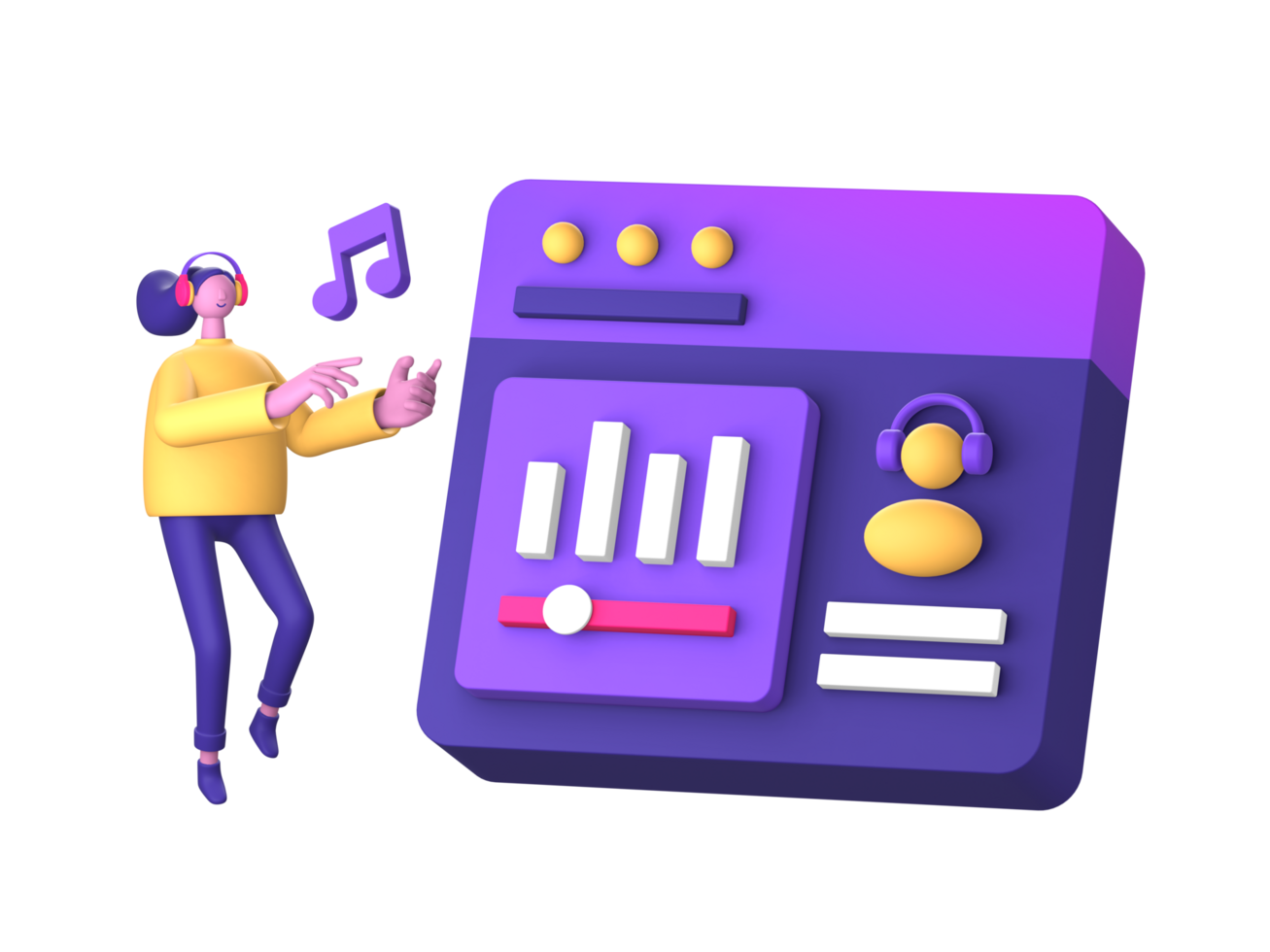 purple illustration icon of streaming and listening to music with 3D character and music note for UI UX social media ads design png