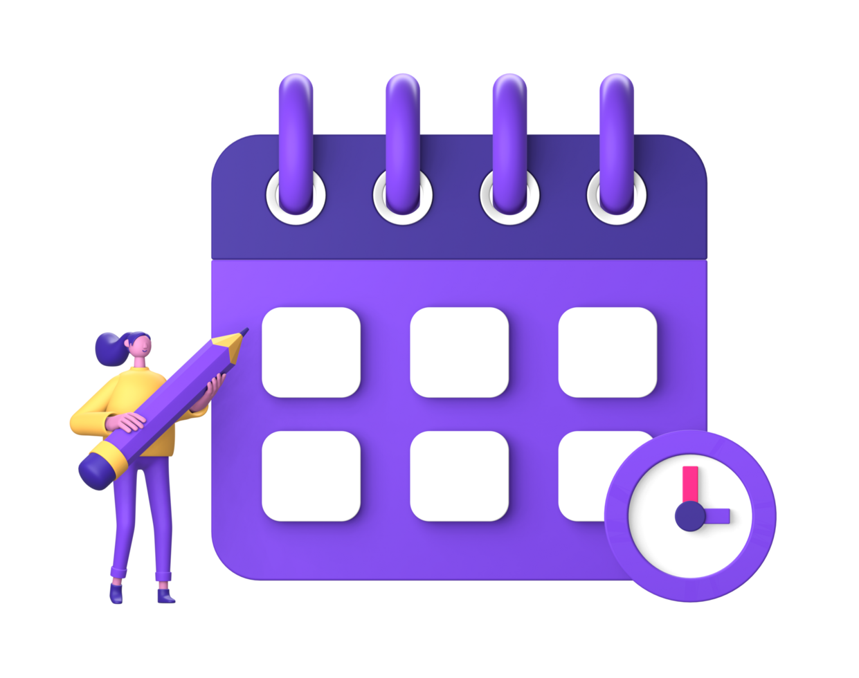 purple illustration icon of 3D character holding pencil with calendar date and clock time for UI UX design png