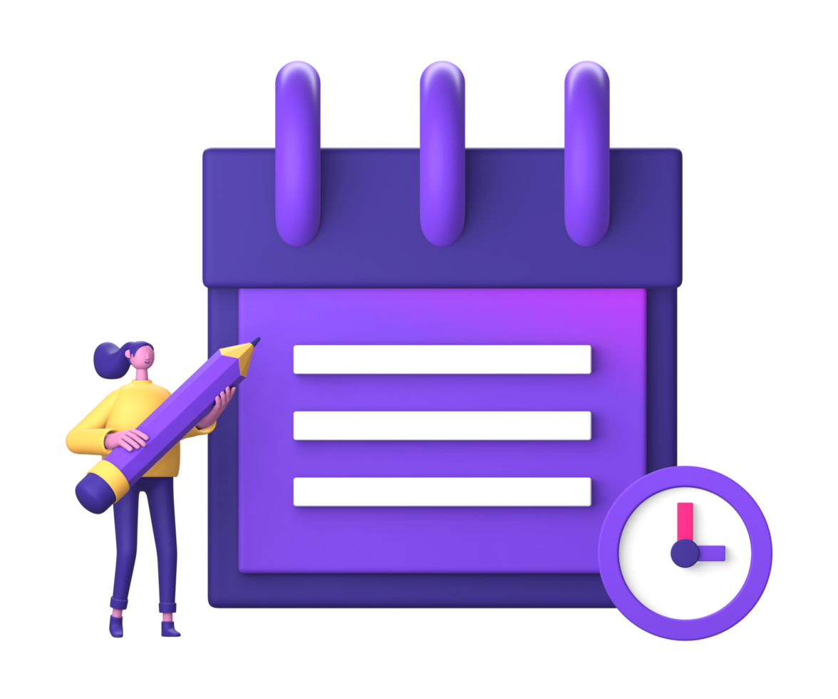 3d purple illustration icon of character with reminder note and time for UI UX social media ads design png