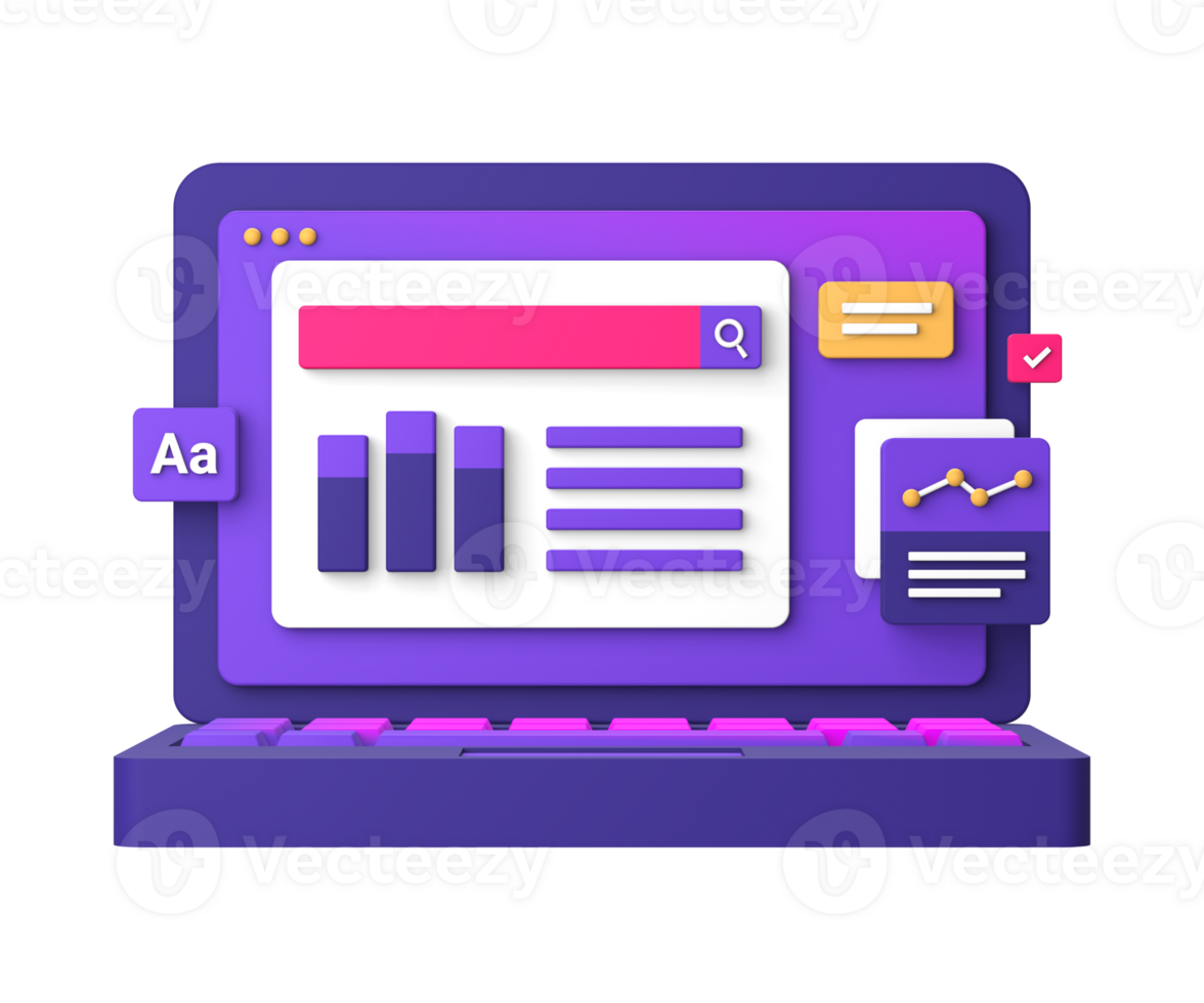 3d purple illustration icon of working on laptop for UI UX social media ads design png