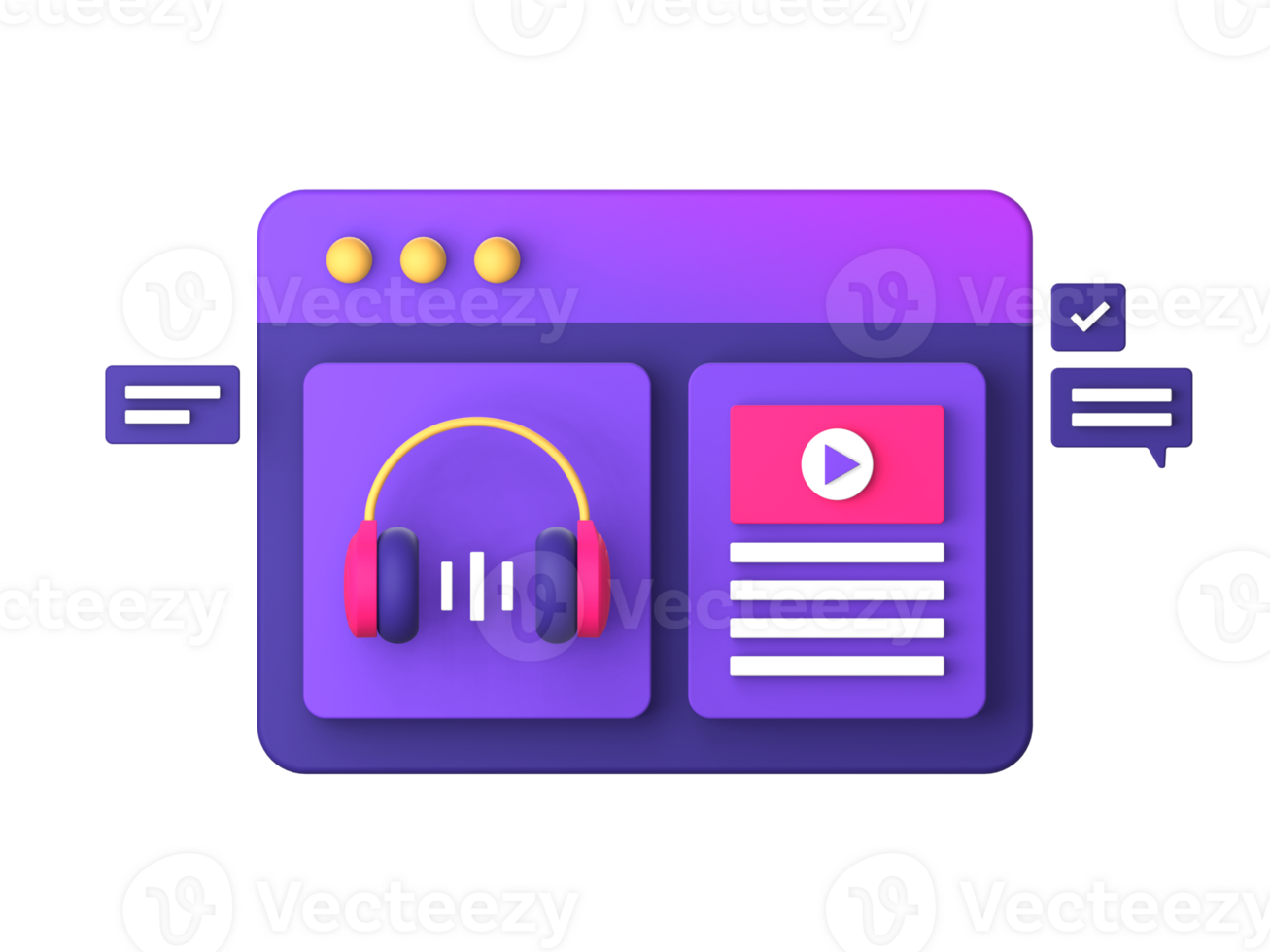 3d purple illustration icon of streaming music and video for UI UX social media ads design png