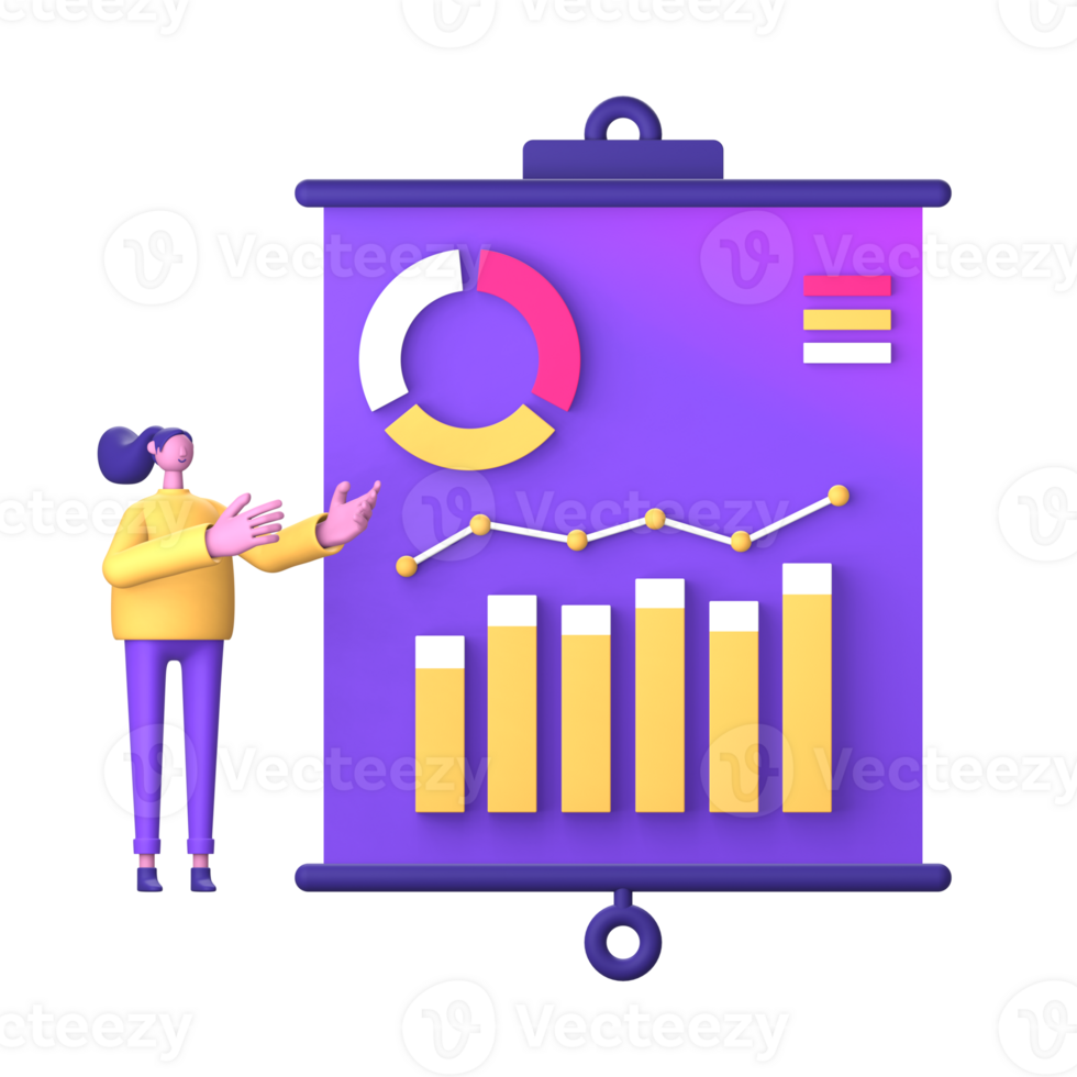 lila Illustration Symbol von Geschäft Infografik Statistiken Wachstum Präsentation mit 3d Charakter zum ui ux Sozial Medien Anzeigen Design png