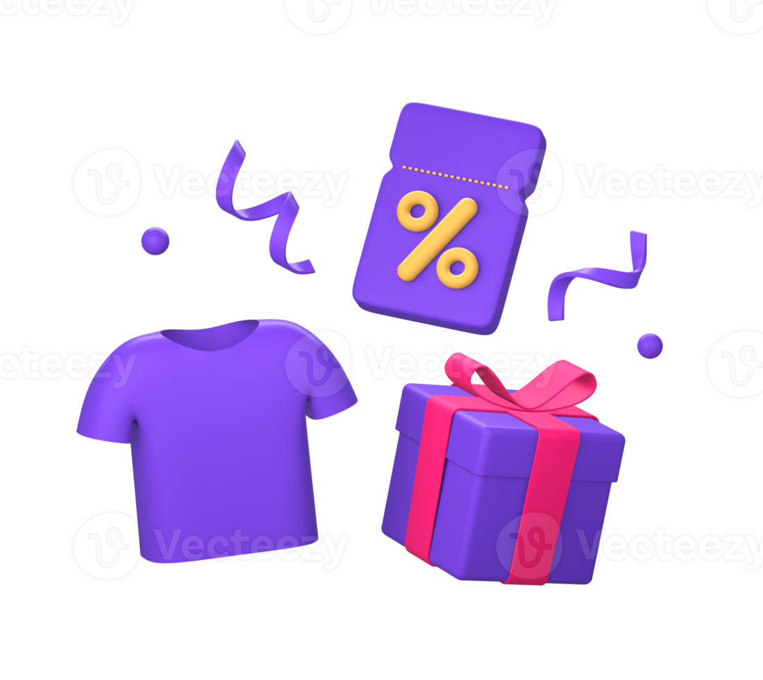 3d purple illustration icon of online shopping with discount percentage promo coupon and a gift outfit png