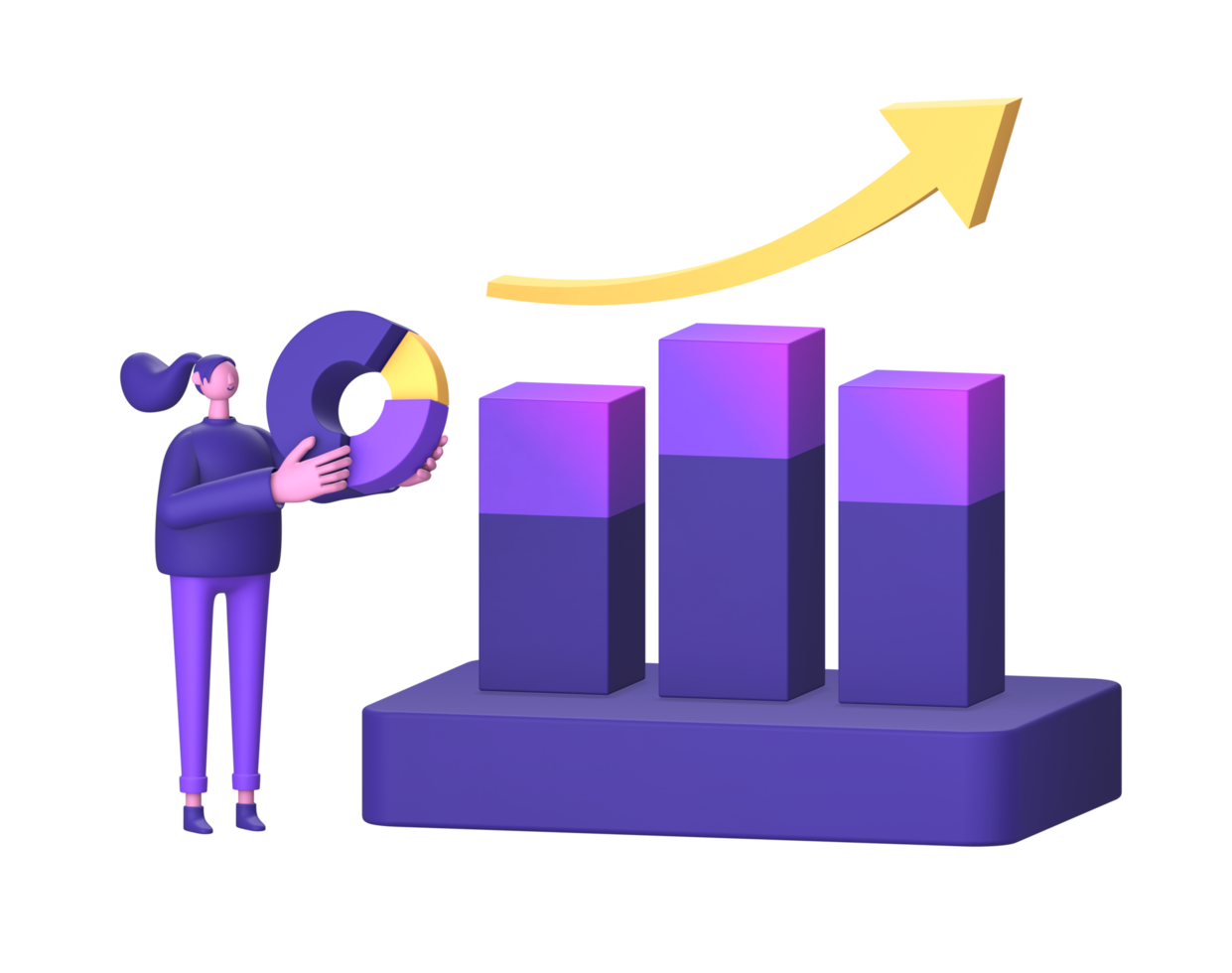 purple illustration icon of 3D character holding pie chart infographic statistics with bar chart growth for UI UX design png