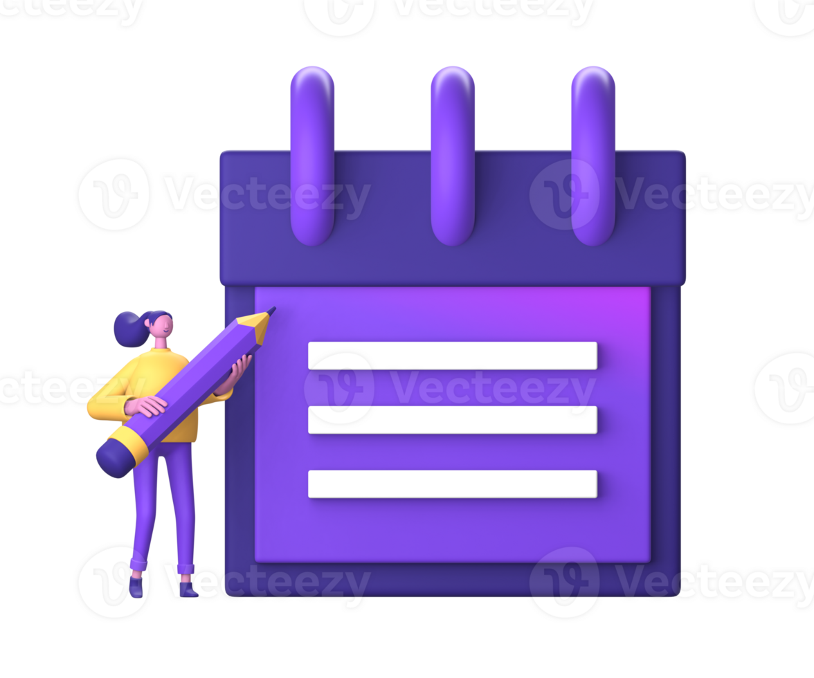 3d púrpura ilustración icono de personaje con recordatorio Nota para ui ux social medios de comunicación anuncios diseño png