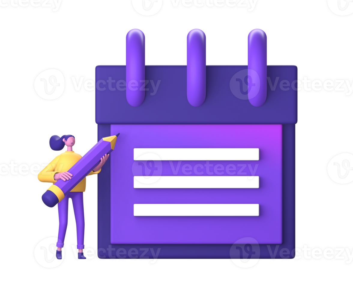 3d purple illustration icon of character with reminder note for UI UX social media ads design png