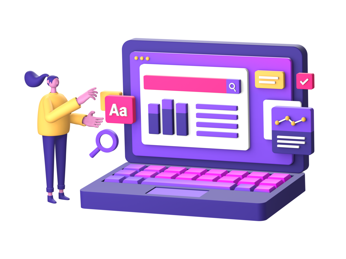 purple illustration icon of working on laptop with 3D character for UI UX social media ads design png