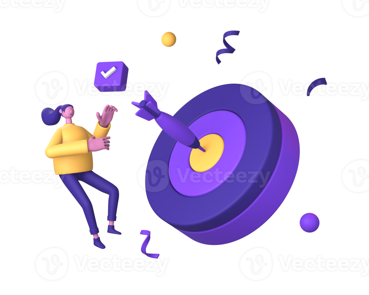 3d viola illustrazione icona di personaggio con bullseye bersaglio per freccette bersaglio e lista di controllo per ui UX sociale media Annunci design png